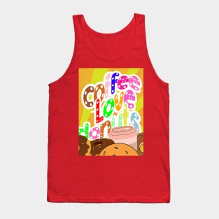 Coffee love donuts, colorful letters with white dots on a background of orange-yellow stripes, for coffee and sweets lovers Tank Top